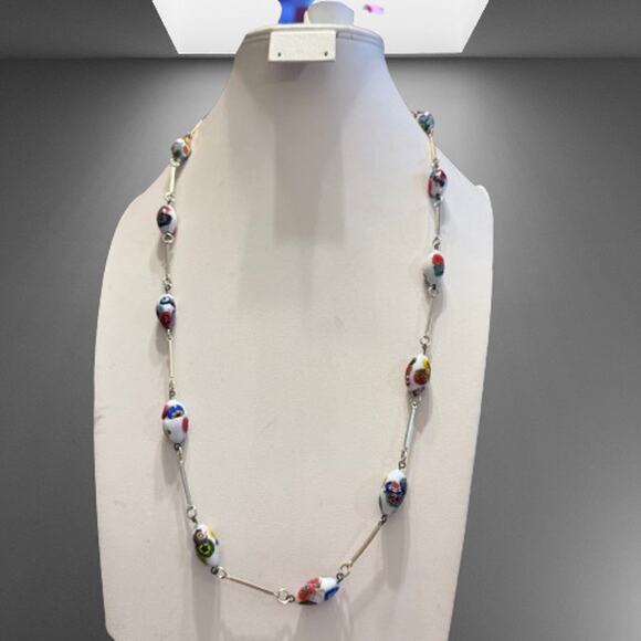 Vintage White Millefiori Murano Art Glass Gold Tone Necklace - Picture 3 of 10